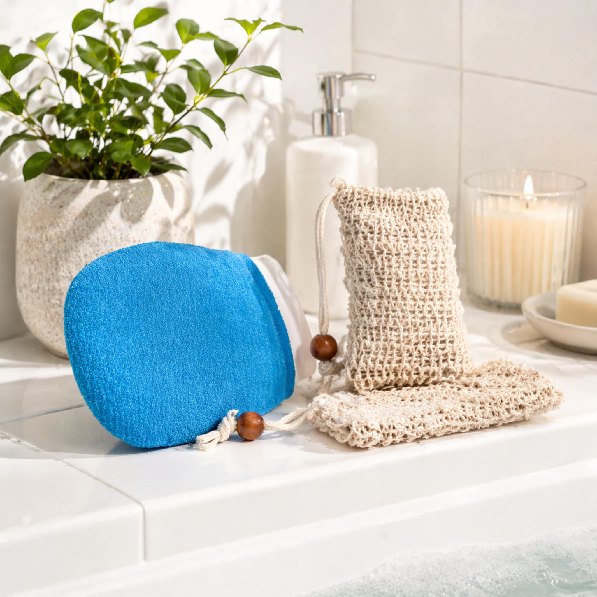 Set de bolsa de jabón exfoliante natural con guante exfoliante para cuerpo y rostro