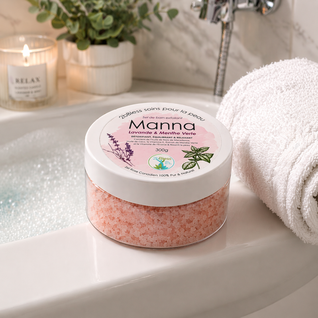 Sales de baño MANNA de lavanda y menta verde, 100% puras y naturales, 300 g